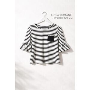 Linea Domani Striped Top Medium Black White Ruffle Sleeve Stretch Knit Shirt